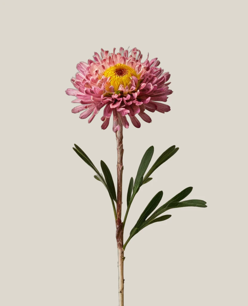 Strohblume Rosa – Helichrysum bracteatum, freigestellte botanische Studioaufnahme